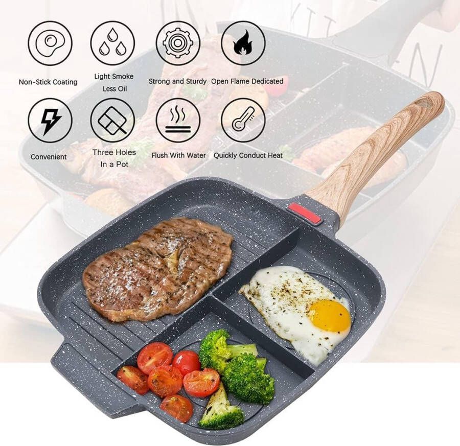 Koekenpan grillpannen voor kookplaten anti-aanbaklaag 3 secties