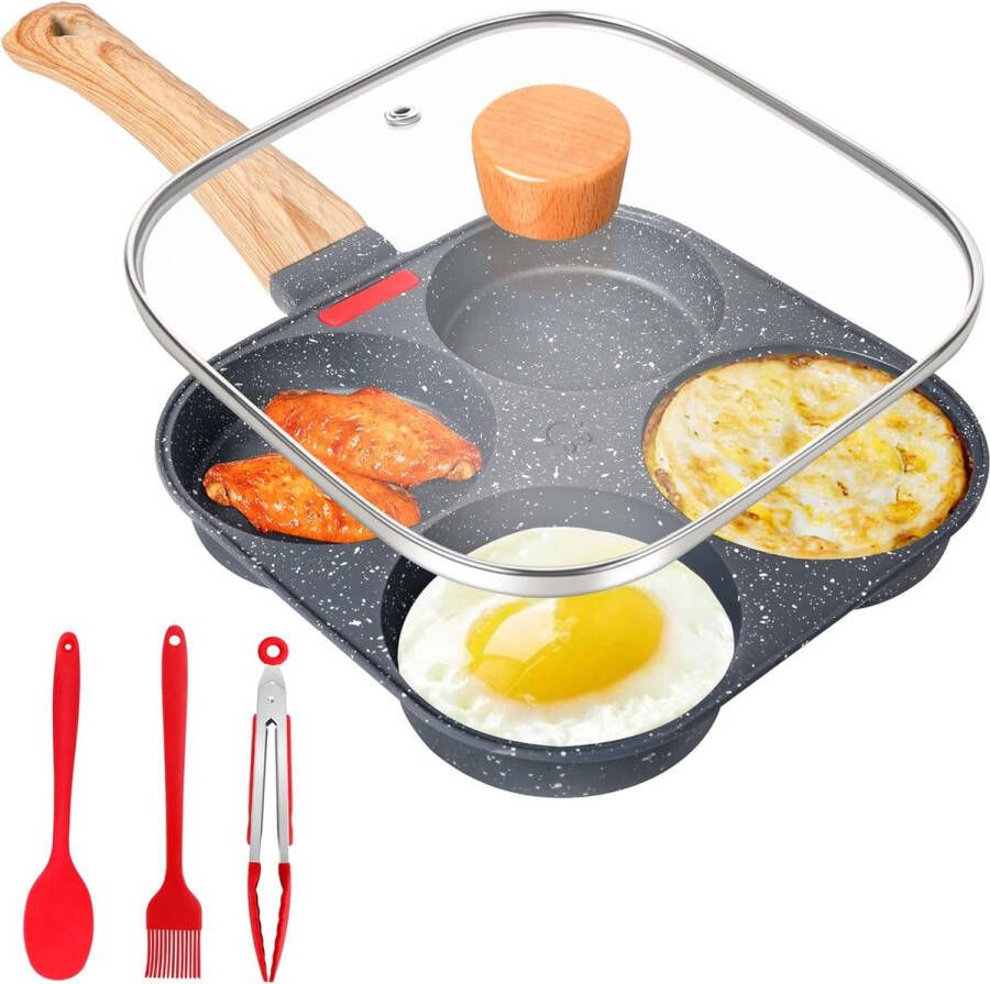 Koekenpan met deksel voor gebakken ei 4-gaats pannenkoekenpan aluminium anti-aanbak koekenpan voor inductiekookplaten en gasfornuizen ontbijtpan voor omeletten gehaktballen pannenkoeken