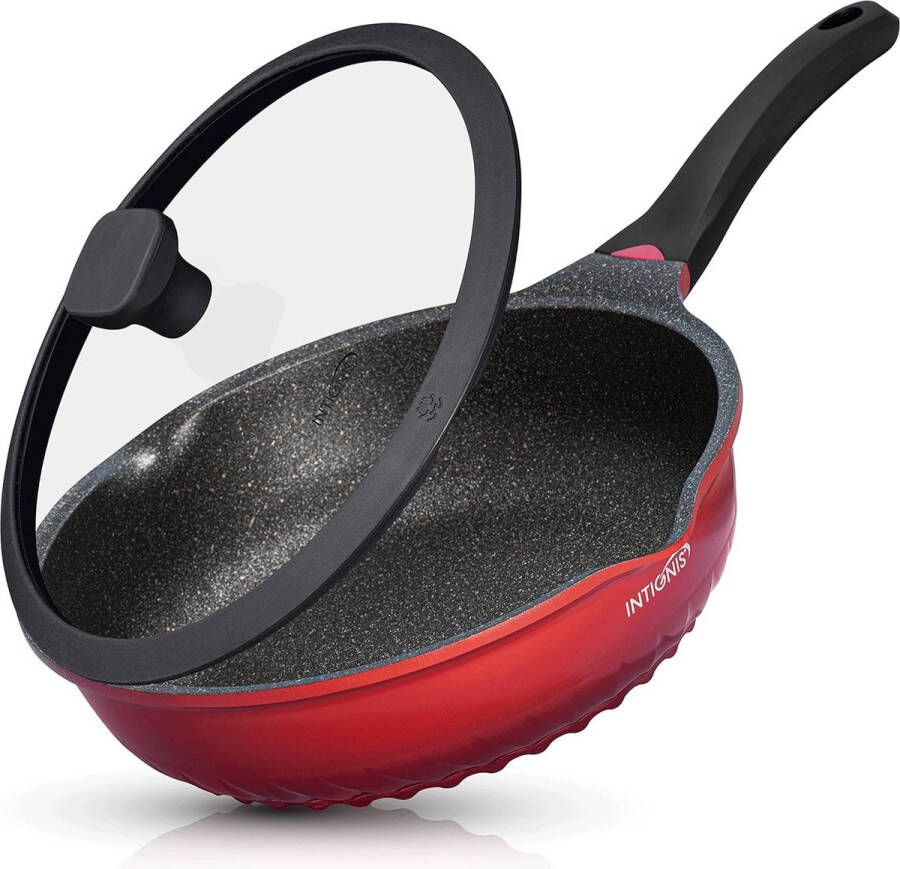 Koekenpan met krasbestendige glazen deksel 28 cm diepe sauteerpan met Duitse Greblon Stone-coating Inductiepan zonder chemicaliën (rood)