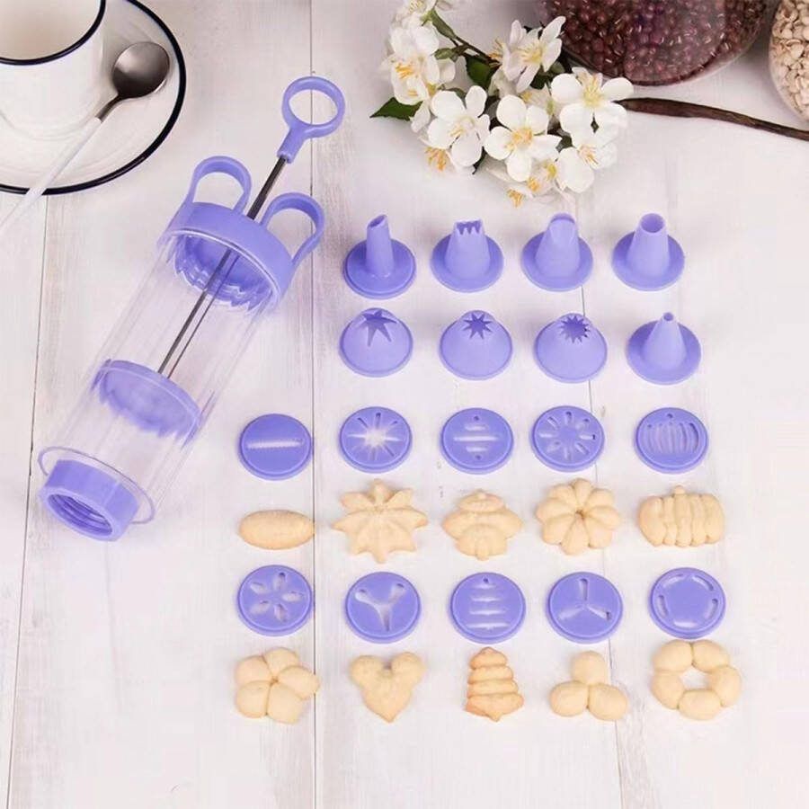 Koekjespers garneerspuitset koekjespuit machine biscuits gebakspuit bakken spuitgebak gebakpers met 10 sjablonen en 8 spuitmonden voor cake desserts crèmerollen donuts