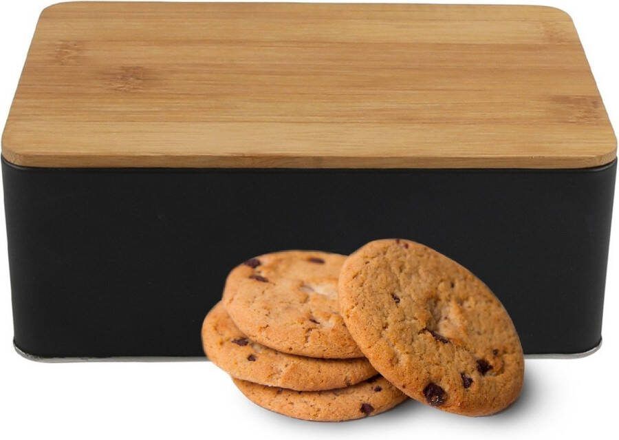 Koektrommel Ventura zwart met bamboe deksel 1700 ml 19 x 13 x 7 cm metaal Koekblik