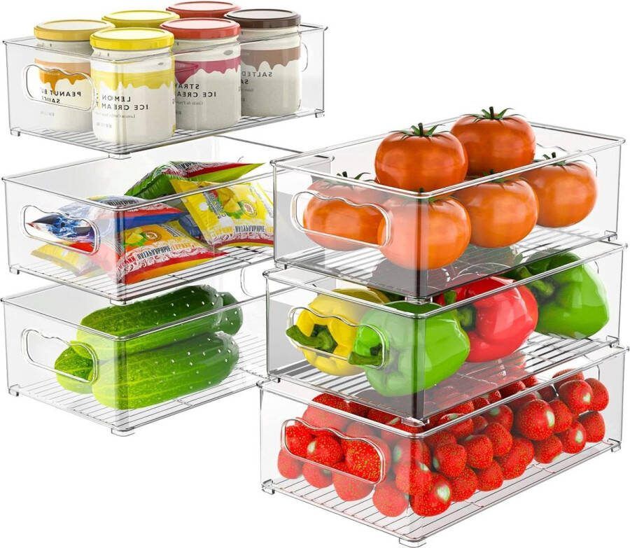 Koelkast Opbergorganizer 6 stuks (3 maten) stapelbaar voorraadkast vriezer kast lade BPA-vrij freezer organizer bins