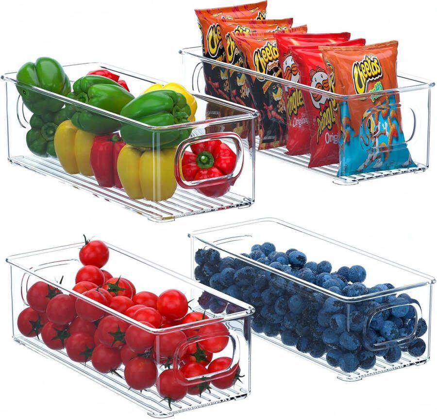 Koelkast-organizer 4-delige set stapelbare keuken-opbergdoos kleine koelkastdozen met handgreep transparante container voor keuken kasten vriezer voorraadkast BPA-vrij