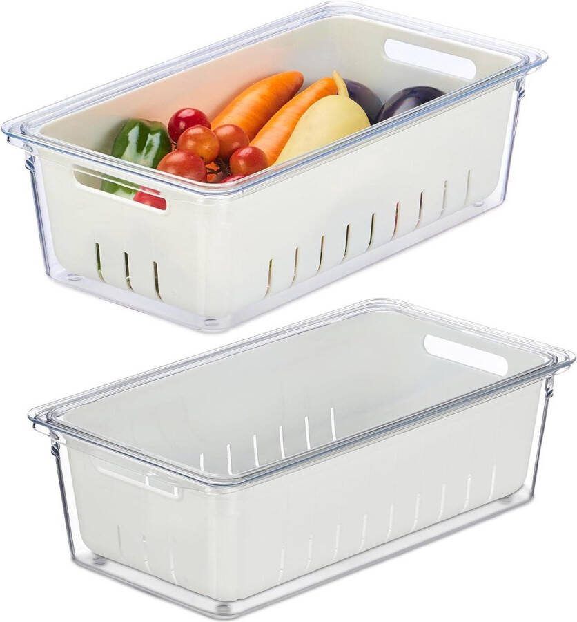 Koelkast organizer set van 2 Stapelbaar Bakjes voor groente en fruit Opbergbakjes met deksel Transparant wit