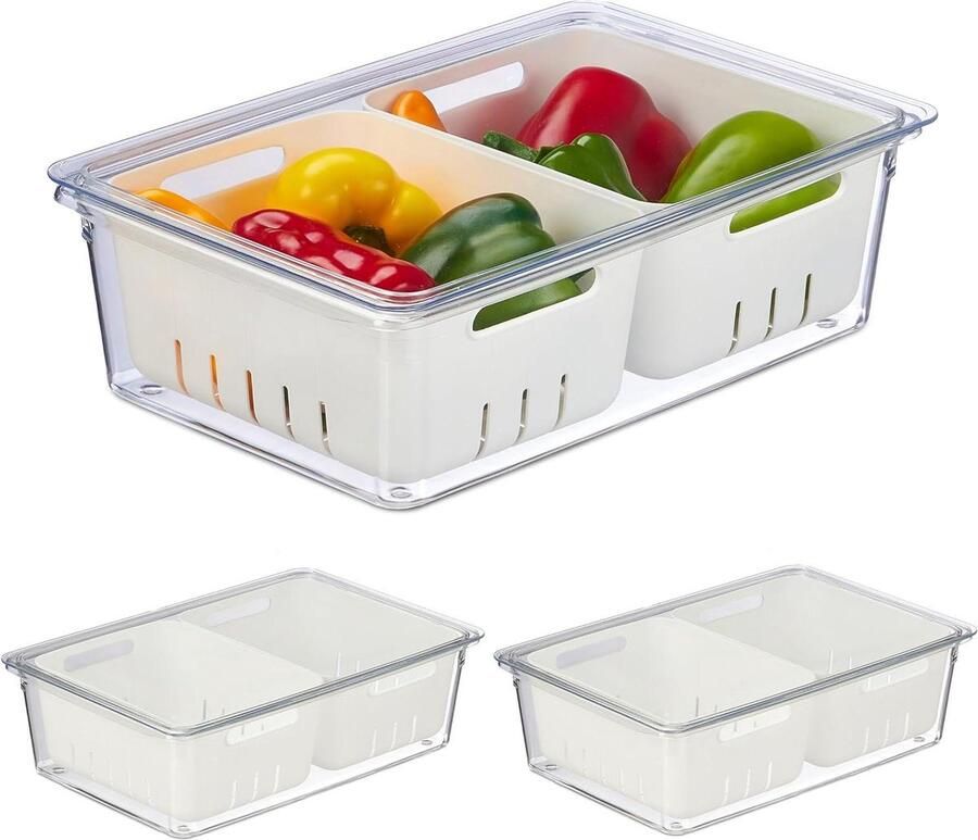 Koelkast organizer set van 3 opbergbakjes met deksel transparant wit