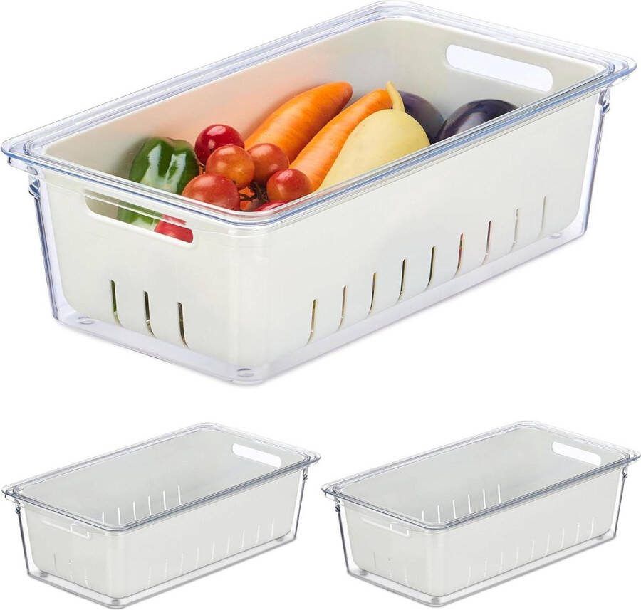 Koelkast organizer set van 3 stapelbaar bakjes voor groente en fruit transparant wit