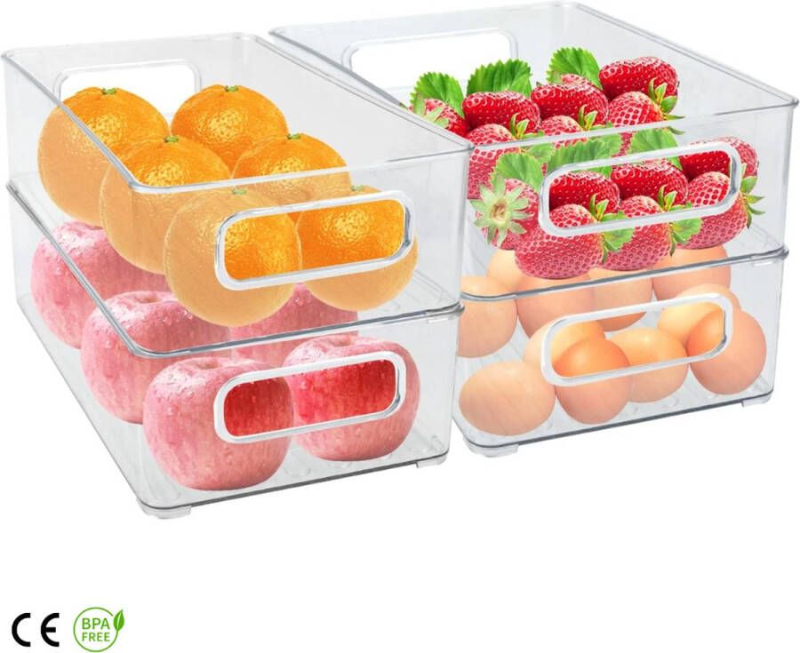 Koelkast Organizer – Set van 4 Stapelbare Koelkast Organizers met Handvat Opbergbak Lade Organizer – Lade Verdeler Koelkast Bakjes – Bewaarbakjes Stapelbaar – Transparant –Praktische Koelkastlades voor Keukenopslag BPA-vrij