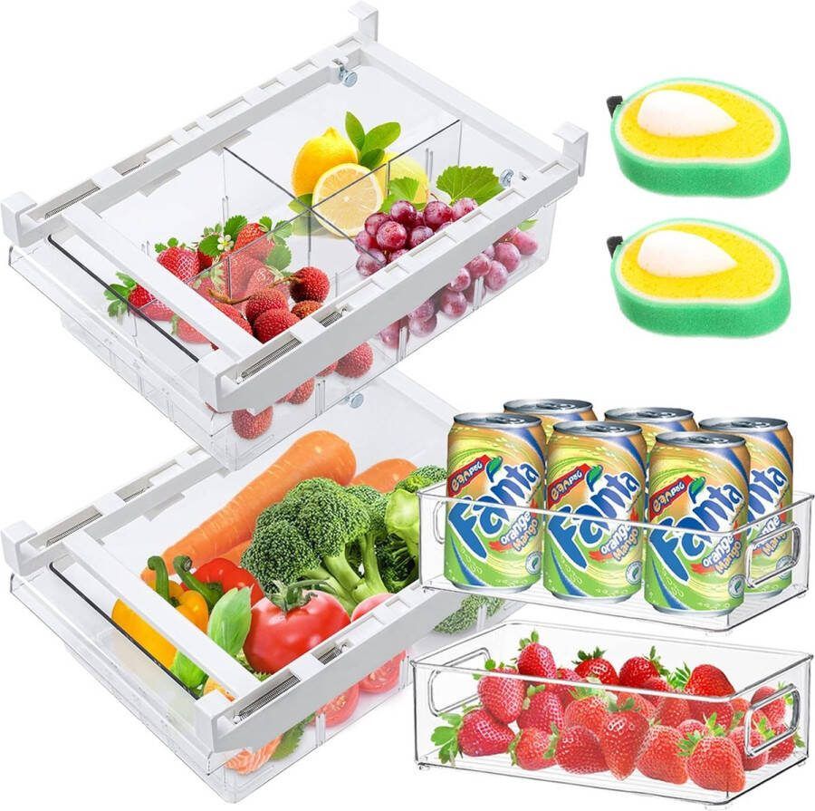 Koelkastladen koelkastorganizer lade en 2 koelkastcontainers + 2 reinigingsborstels 30 5 x 20 x 9 5 cm uittrekbare opbergdoos laden met handgreep (4 stuks)