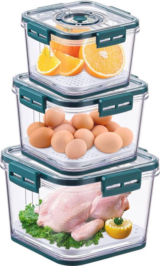 Koelkastorganizer 3-delige set koelkastorganizer opslag voor fruit groenten granen met interne afdruipplank en ontluchtingsgat instelbare tijd en datum BPA-vrij