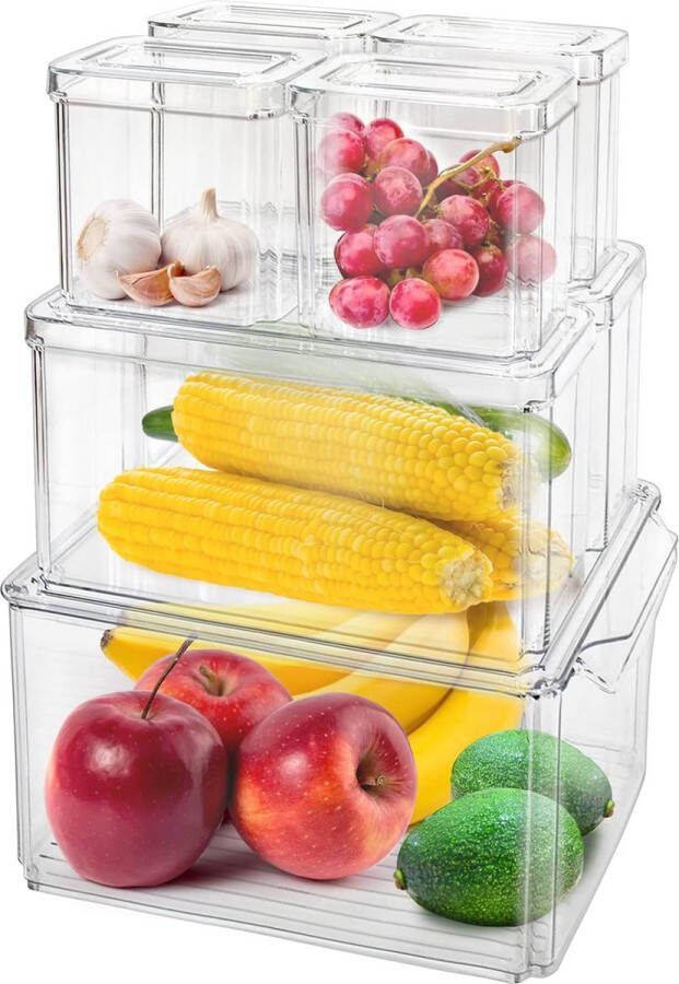 Koelkastorganizer 7-delige set doorzichtige keukenorganizer met deksel stapelbaar doorzichtig keukenorganizer voor koelkast kasten BPA-vrij