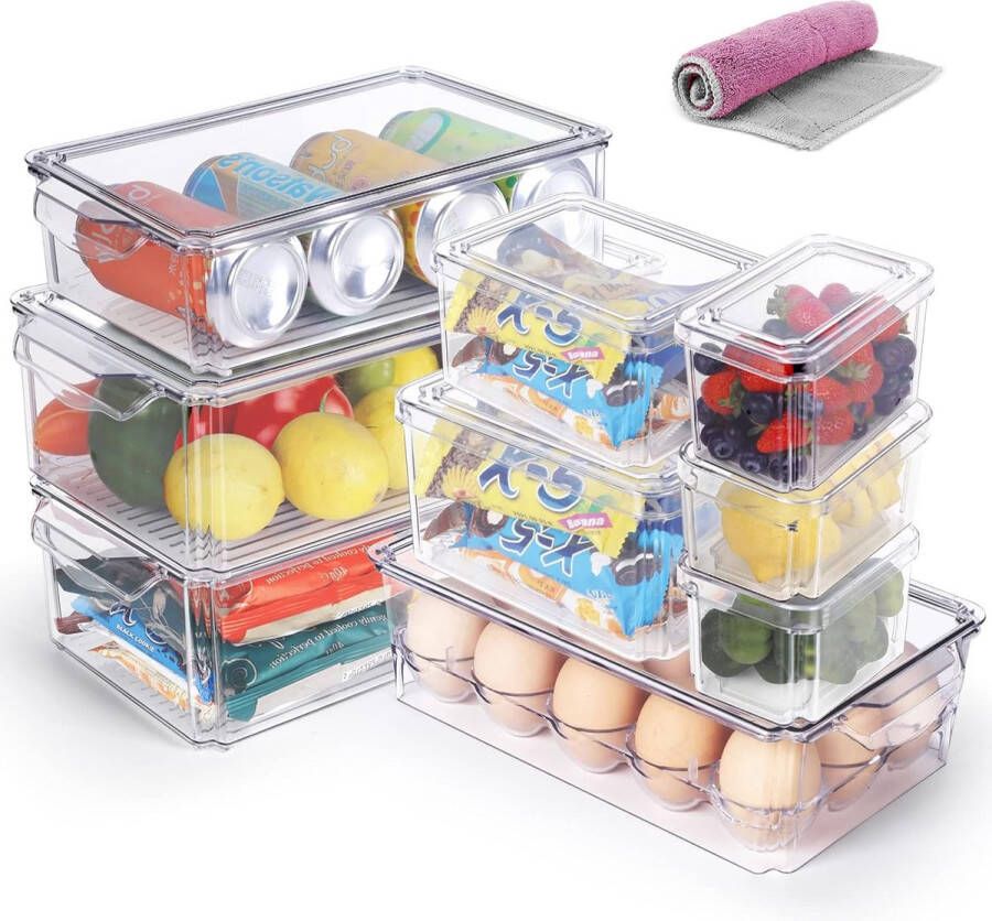 Koelkastorganizer 9-delige set praktische keukenorganizer met deksel stapelbare opbergdozen voor groenten en fruit BPA-vrij ideaal voor keukens koelkast doos met 1 schoonmaakcontainer