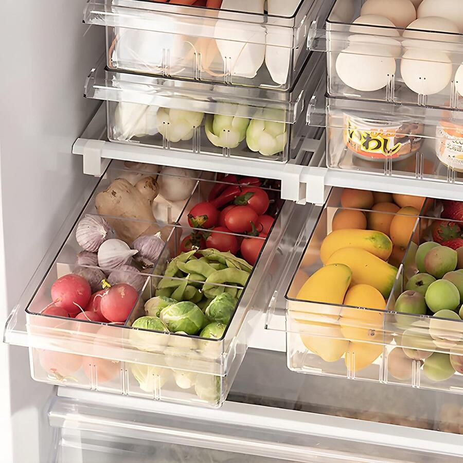 Koelkastorganizer lade doorzichtig koelkastopbergdoos uittrekbaar instelbaar koelkastbox met handvat koelkastlade-organizer
