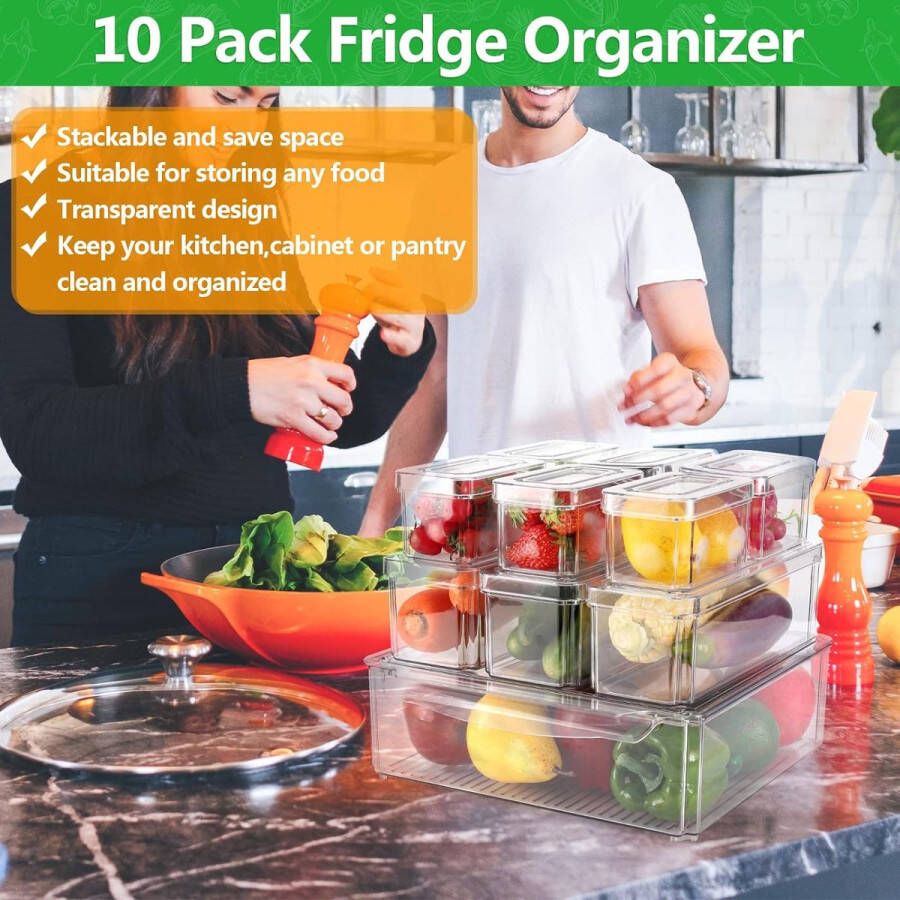 Koelkastorganizer met deksel 10 stuks transparant stapelbaar voor keuken koelkast en kasten BPA-vrij (10 stuks)
