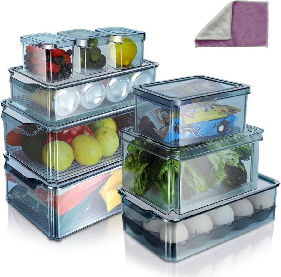 Koelkastorganizer met deksel 9 stuks stapelbare doorzichtige koelkastopbergdoos voor keuken eetkamer kasten blauw