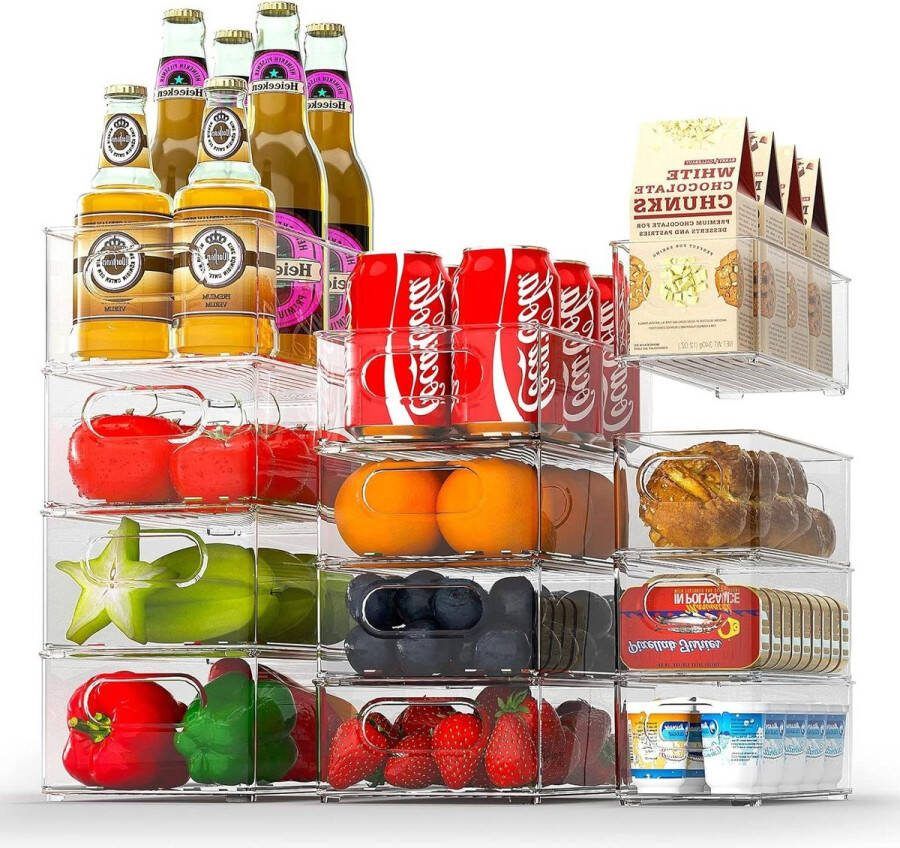 Koelkastorganizer Opbergdoos set van 12 stapelbare koelkastcontainer doorzichtige opbergdoos voor keuken eetkamer kasten spoelbakken badkamer BPA-vrij