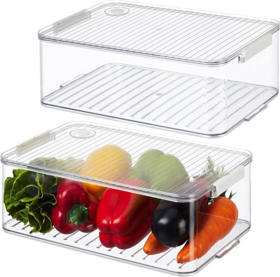 Koelkastorganizer Opbergdoos set van 2 frigobakjes met deksel datumwieltje transparant 105 x 21 x 33 cm