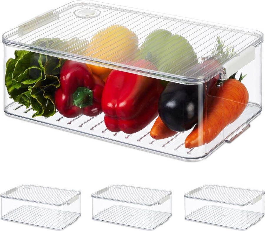 Koelkastorganizer Opbergdoos set van 4 frigo bakjes met deksel HBD 105 x 21 x 33 cm kunststof transparant