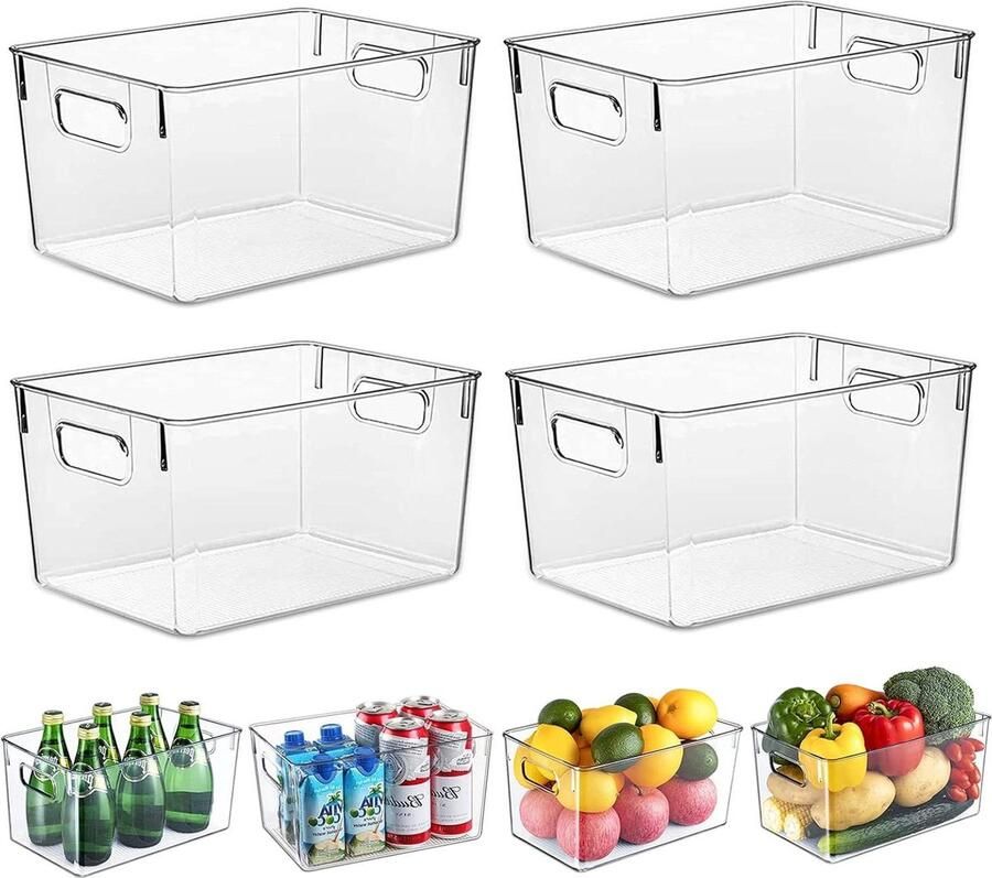 Koelkastorganizer Opbergdoos set van 4 keukenopbergdozen handgrepen robuust doorzichtig organisatie keuken koelkast kasten badkamer BPA-vrij 29 x 20 x 155 cm