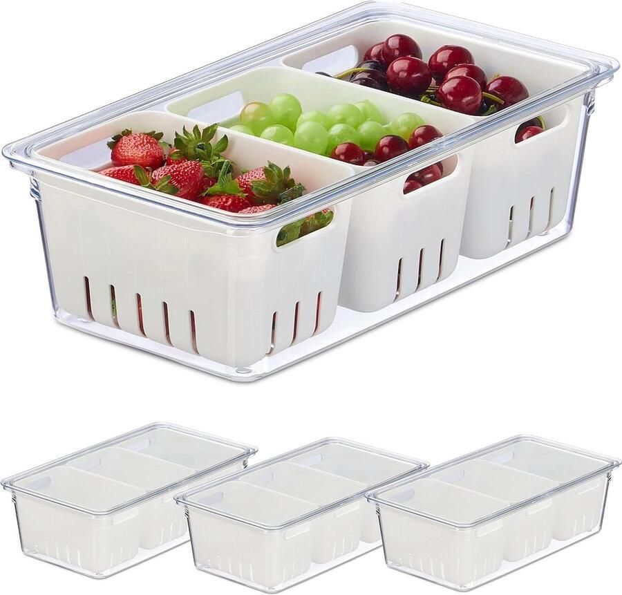 Koelkastorganizer opbergdoos set van 4 stapelbaar met bakjes & deksel voor frigo transparant wit