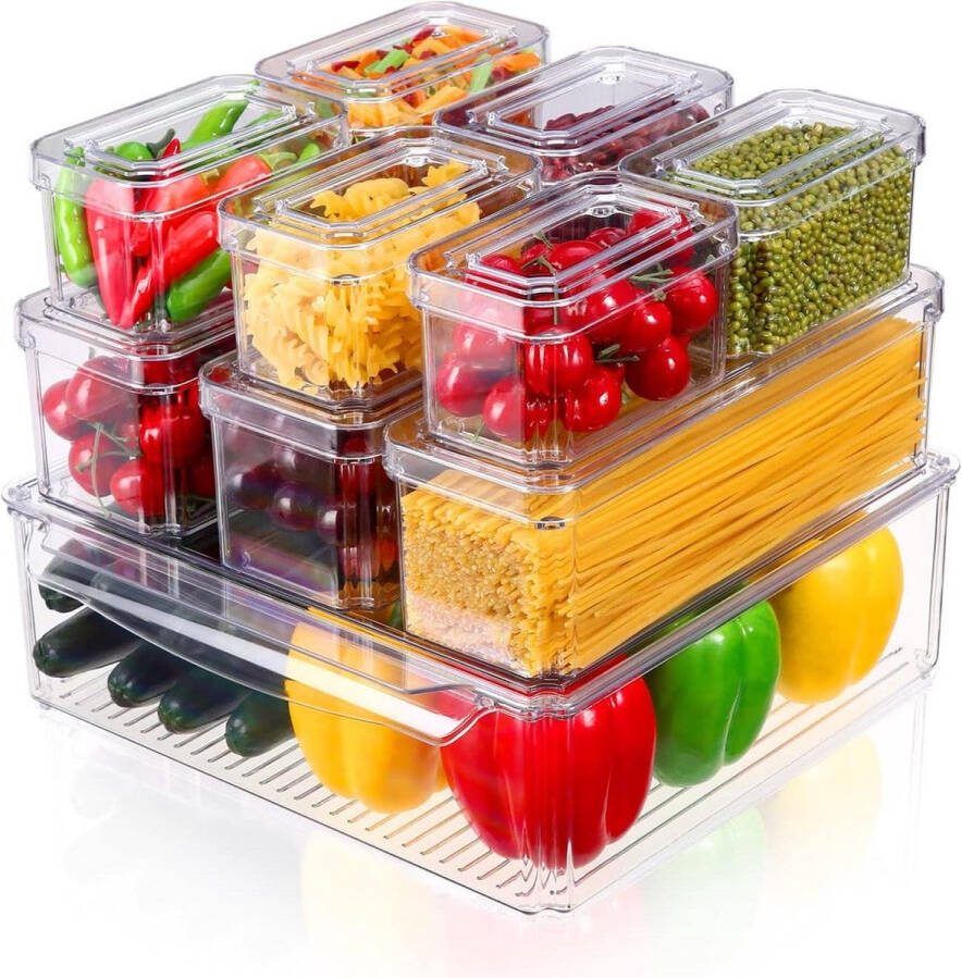 Koelkastorganizer Opbergdoos Stapelbare Koelkast Trays-Kast Set van 10 Met Deksels Voor Kleine Koelkasten Opbergdozen voor Keukens-Kasten-Slaapkamers-Bureaus-Aanrecht BPA Vrij