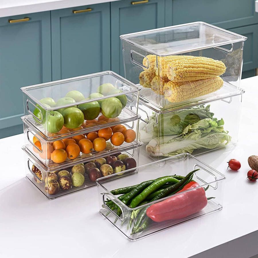 Koelkastorganizer-set met deksel 6 stapelbare koelkastorganizers BPA-vrij doorzichtig opbergsysteem van kunststof opbergdoos voor keuken lade kasten
