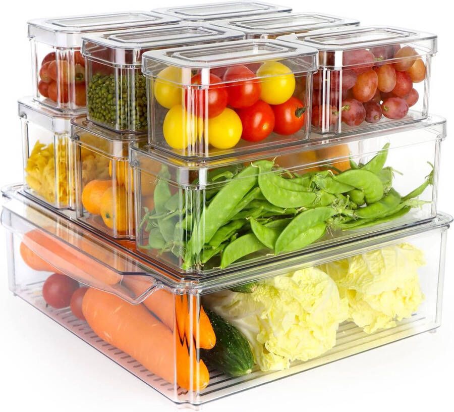 Koelkastorganizer set van 10 stapelbare opbergdozen koelkastboxen containers keukenorganizer met deksel en handgreep voor keuken koelkast kasten planken badkamer BPA-vrij