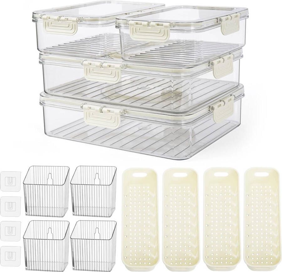 Koelkastorganizer set van 12 stuks 4 koelkastboxen met deksel 4 deuren opbergdoos 4 afvoermand koelkastorganizer