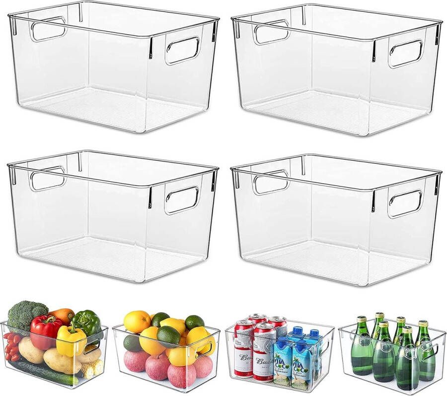 Koelkastorganizer set van 4 keukenopbergdozen met handgrepen robuuste en transparante organizer keuken organisatie voor keuken koelkast kasten badkamer BPA-vrij 29 x 20 x 15 5 cm