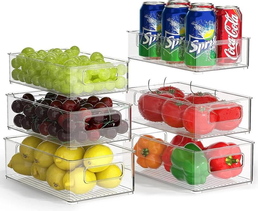 Koelkastorganizer set van 6 (3 maten) stapelbare voorraadcontainers doorzichtige koelkastopbergdoos organisatie voor keuken lade spoelbak badkamer BPA-vrij