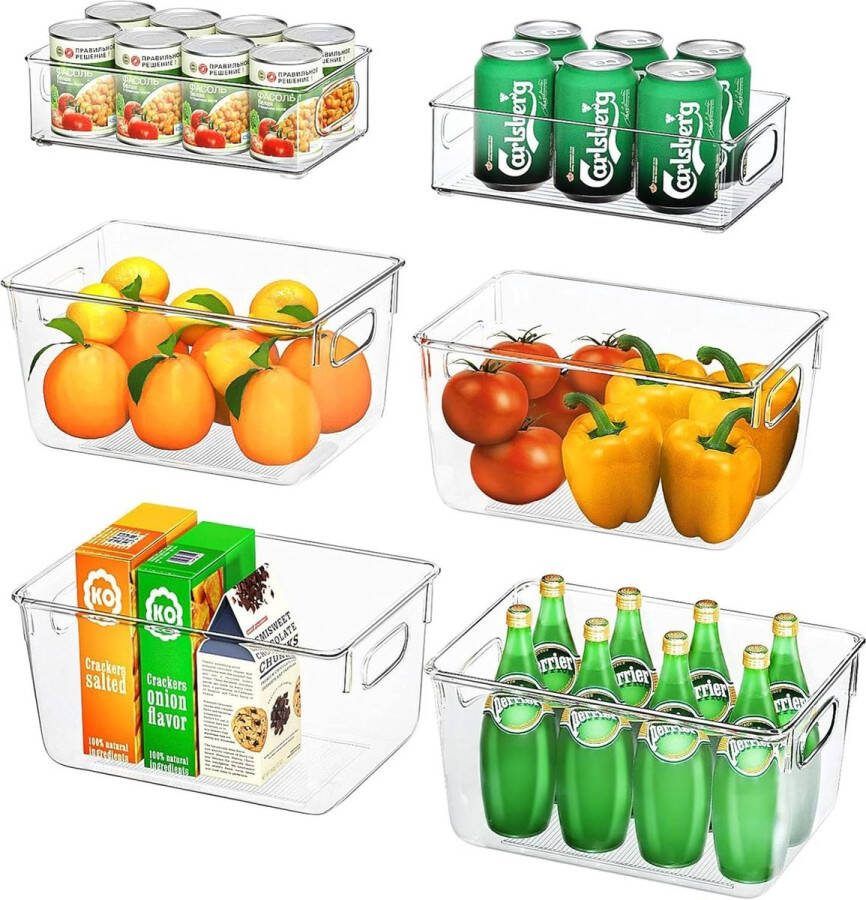 Koelkastorganizer set van 6 (4 grootte 2 middelen) hoogwaardige voorraaddozen met handvat doorzichtige opbergdoos organizer ideaal voor keuken koelkast kasten BPA-vrij