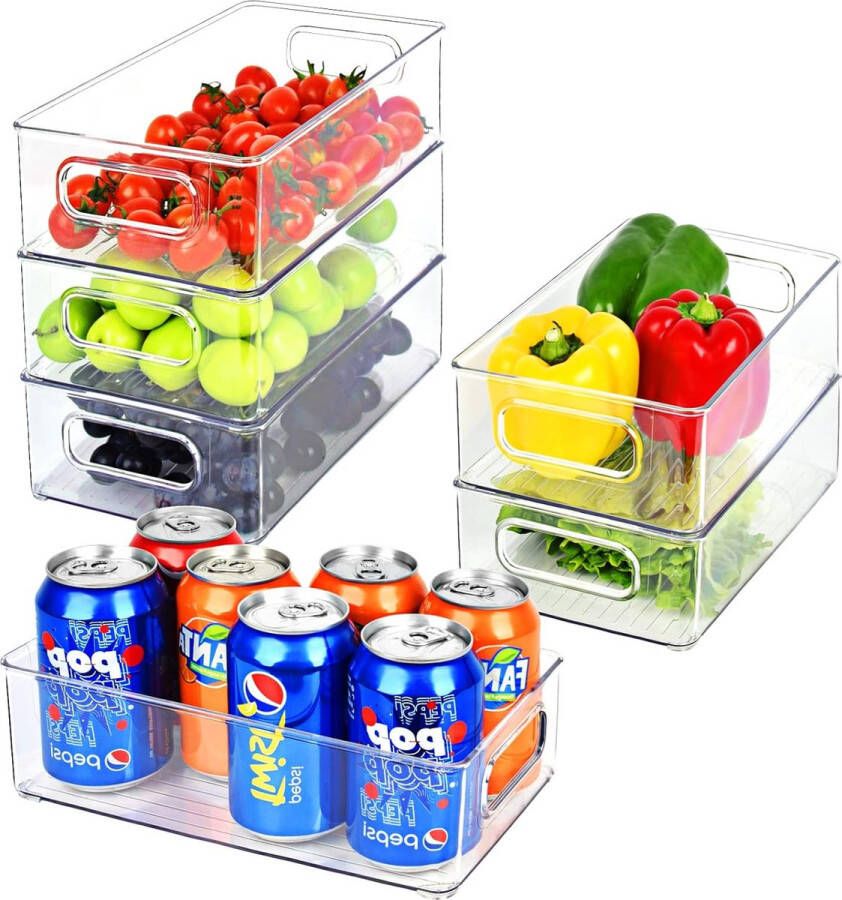 Koelkastorganizer set van 6 doorzichtige stapelbare opbergdoos met handvat Tidy Fridge organizer koelkastboxset voor keuken keukenkast kasten BPA-vrij medium