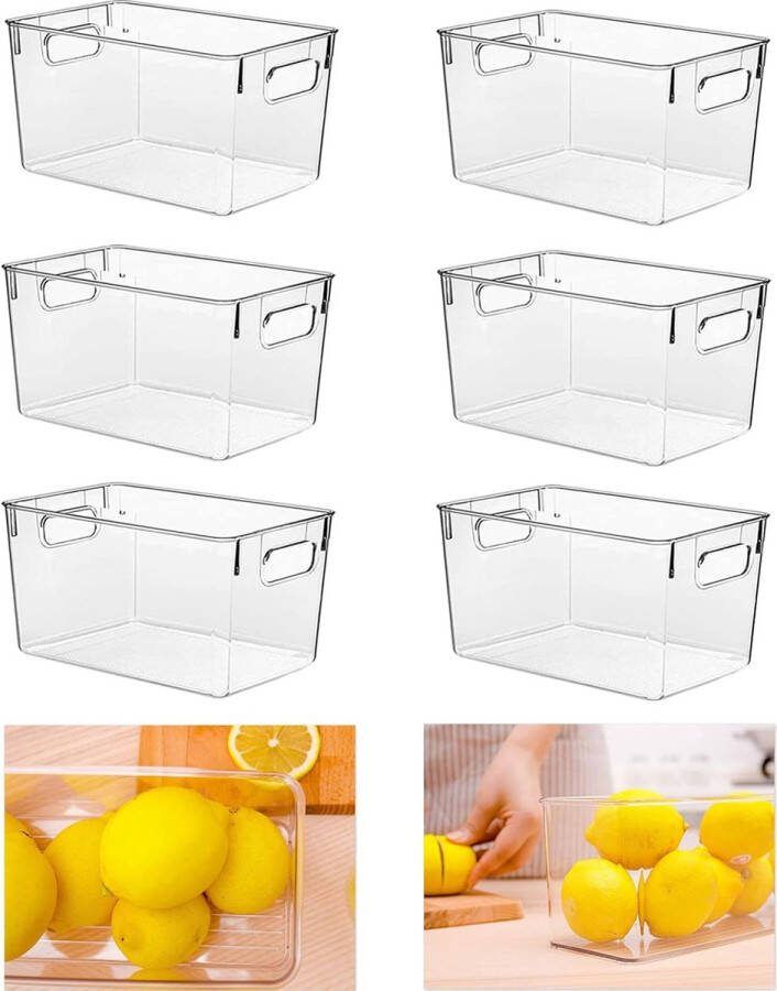 Koelkastorganizer set van 6 keukenopbergdozen met handgrepen robuust en doorzichtig organisatie kasten badkamer BPA-vrij 24 x 13 x 11 5 cm