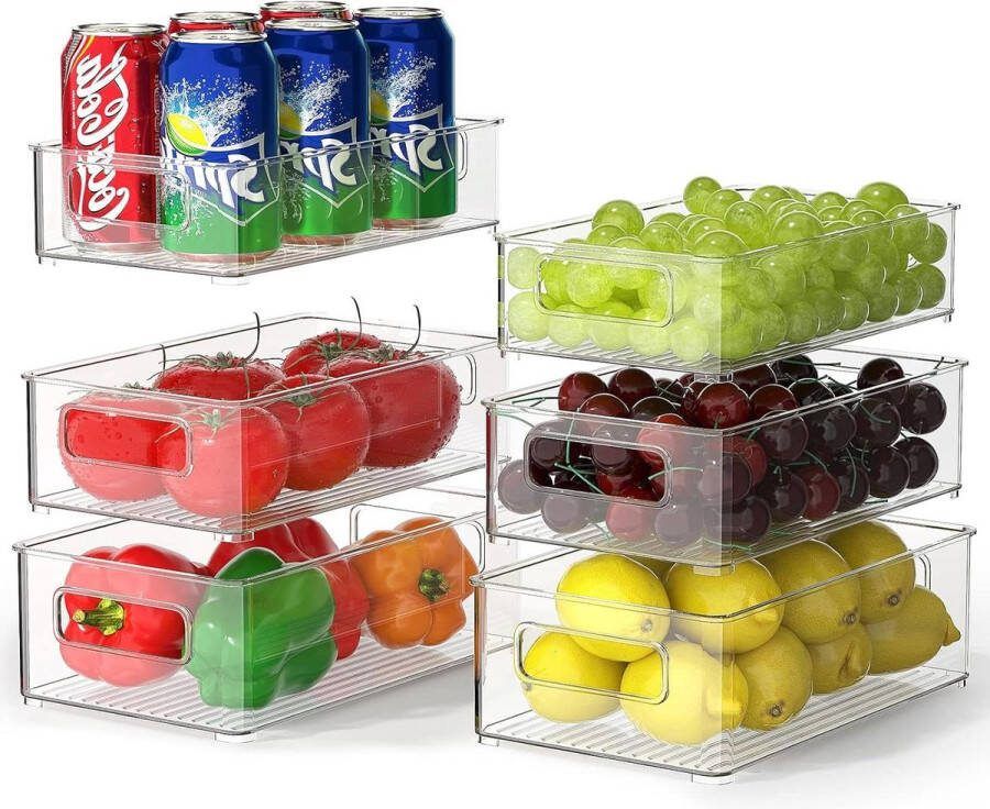 Koelkastorganizer set van 6 Stapelbare voorraadcontainers Doorzichtige opbergdozen voor keuken en badkamer BPA-vrij freezer organizer bins