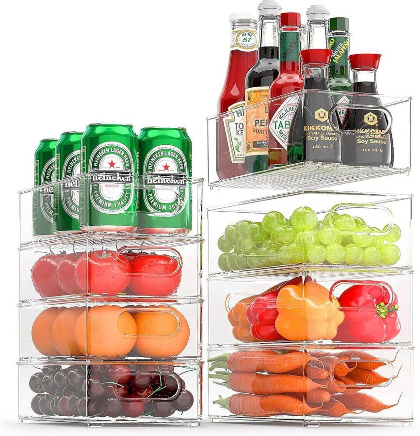 Koelkastorganizer set van 8 (4 groot 4 middelgrote houders) stapelbare voorraadcontainers doorzichtige opbergbox voor in de keuken en het organiseren van kasten fridge spoelbak BPA-vrij