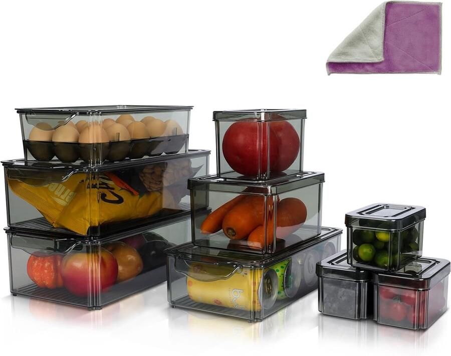 Koelkastorganizer set van 9 stapelbare koelkastorganizer met deksel doorzichtige opbergdoos koelkastdozen voor keuken kast eetkamer zwart