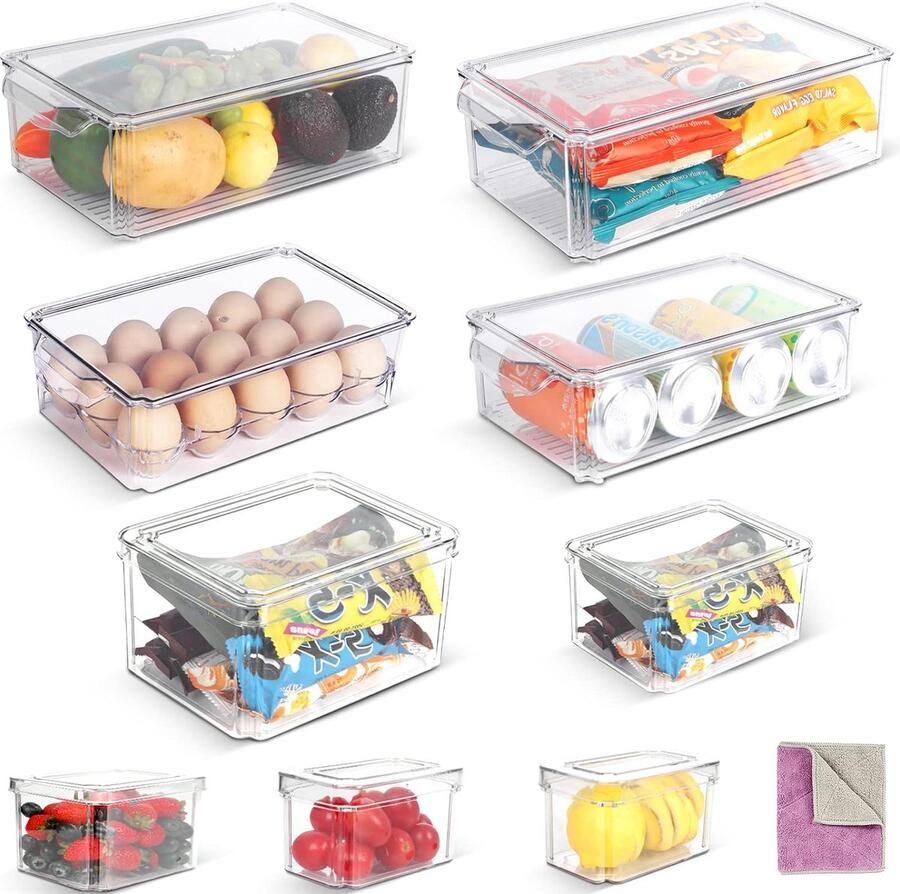 Koelkastorganizerset set van 9 transparante opbergdozen koelkastdozen stapelbare koelkastcontainers met deksel voor keukens kasten voorraadkast lade