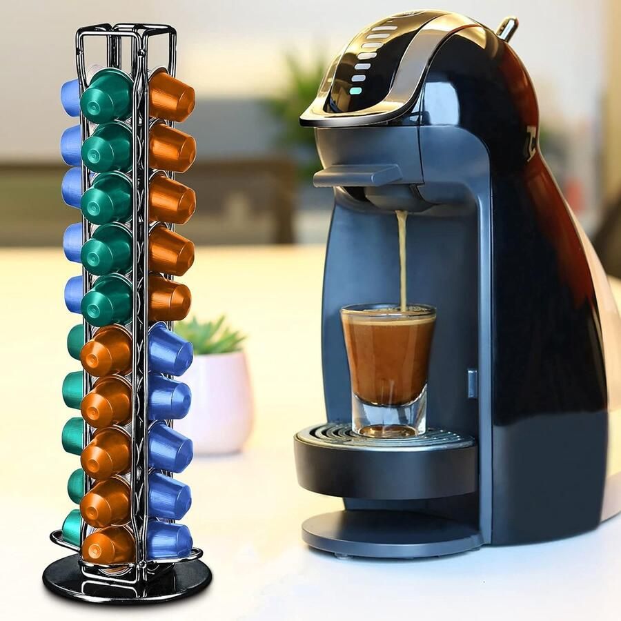 Koffie Capsule Houder Houdt voor 40 Koffie Capsules. 360 graden rotatie ontwerp met Vilt Anti Scratch Pad Onder Gemaakt van hoogwaardig metaal met verchroomde afwerking voor opslag