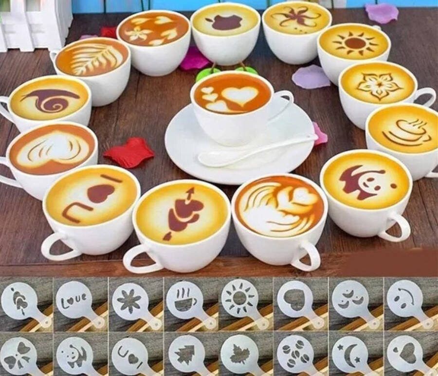 Koffie Decoratie Herbruikbare Stencils 16 Stuks Templates Barista Cappuccino Cacao sjabloon Strooipad Duster Latte Art Poeder Figuren Sjablonen 13 x 8.5 cm Handlettering toolkit Knutselen Decoratie Accessoires