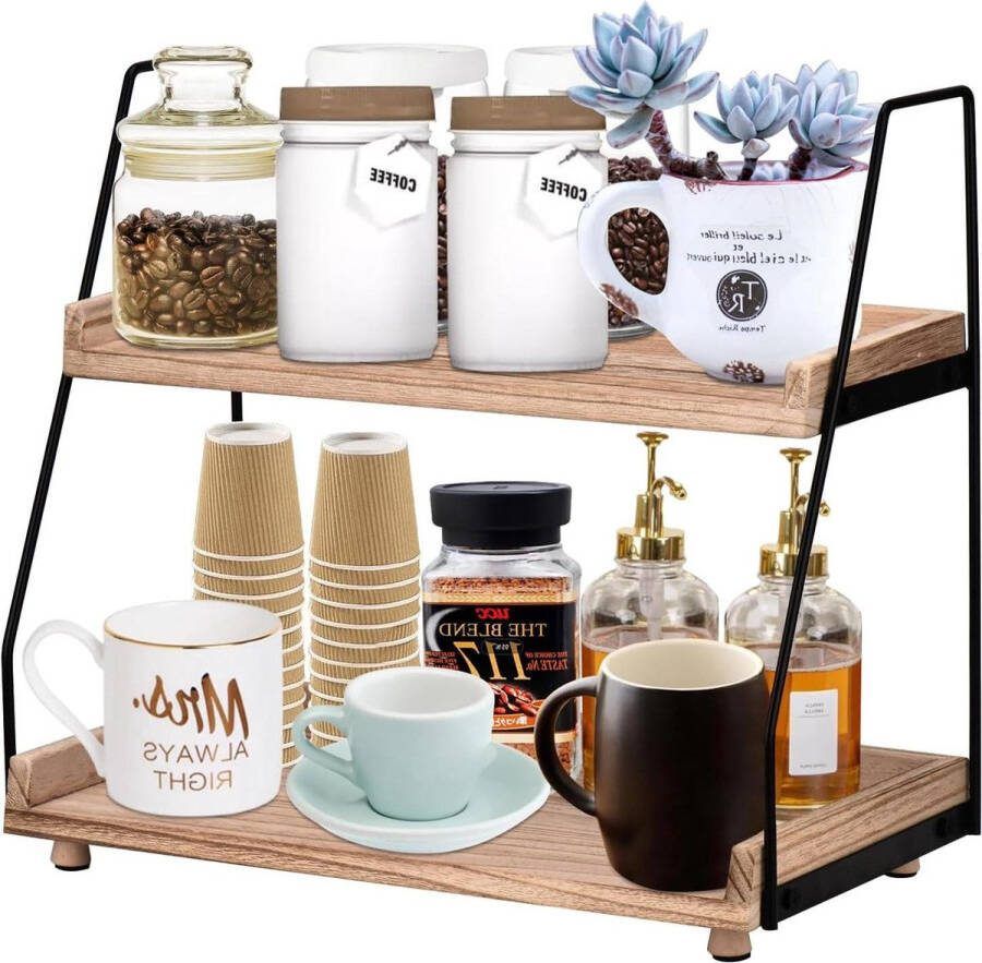 Koffie en thee 2-laags houten organizer koffiebar accessoires kruidenrek voor keuken en badkamer koffie rek