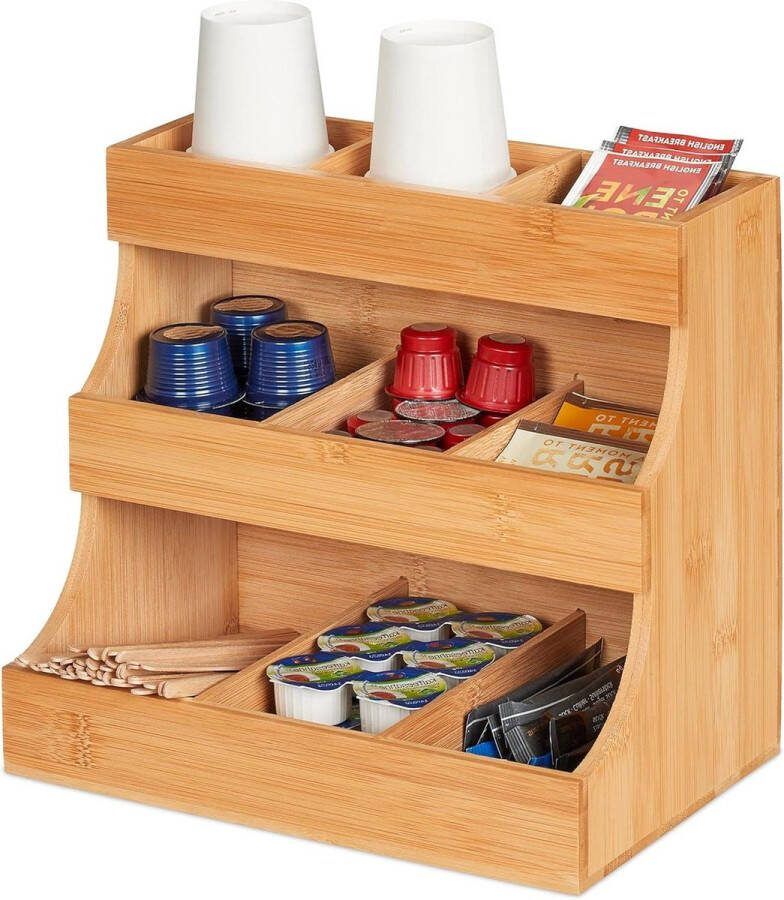 Koffie organizer bamboe met 9 vakken HBD: 24 x 26 x 17 5 cm voor melk suiker koffiebekers thee natuur