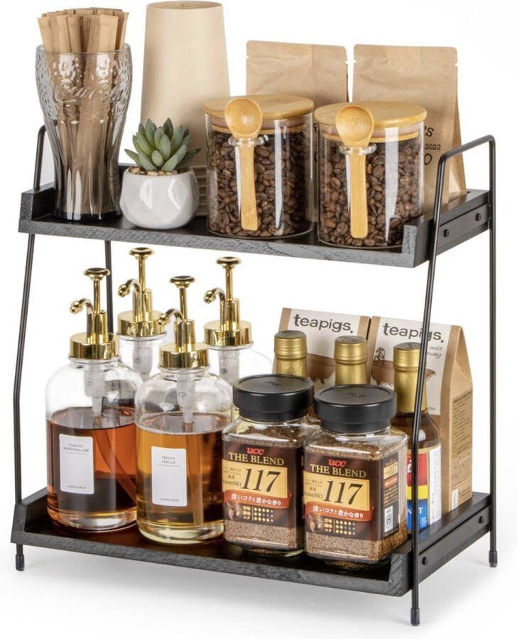 Koffie-organizer koffiebar-accessoire en -organizer hout koffieopbergmeubel voor koffiehoek werkbladen kruidenrek 2 verdiepingen koffiecaddy voor keuken thuis kantoor zwart