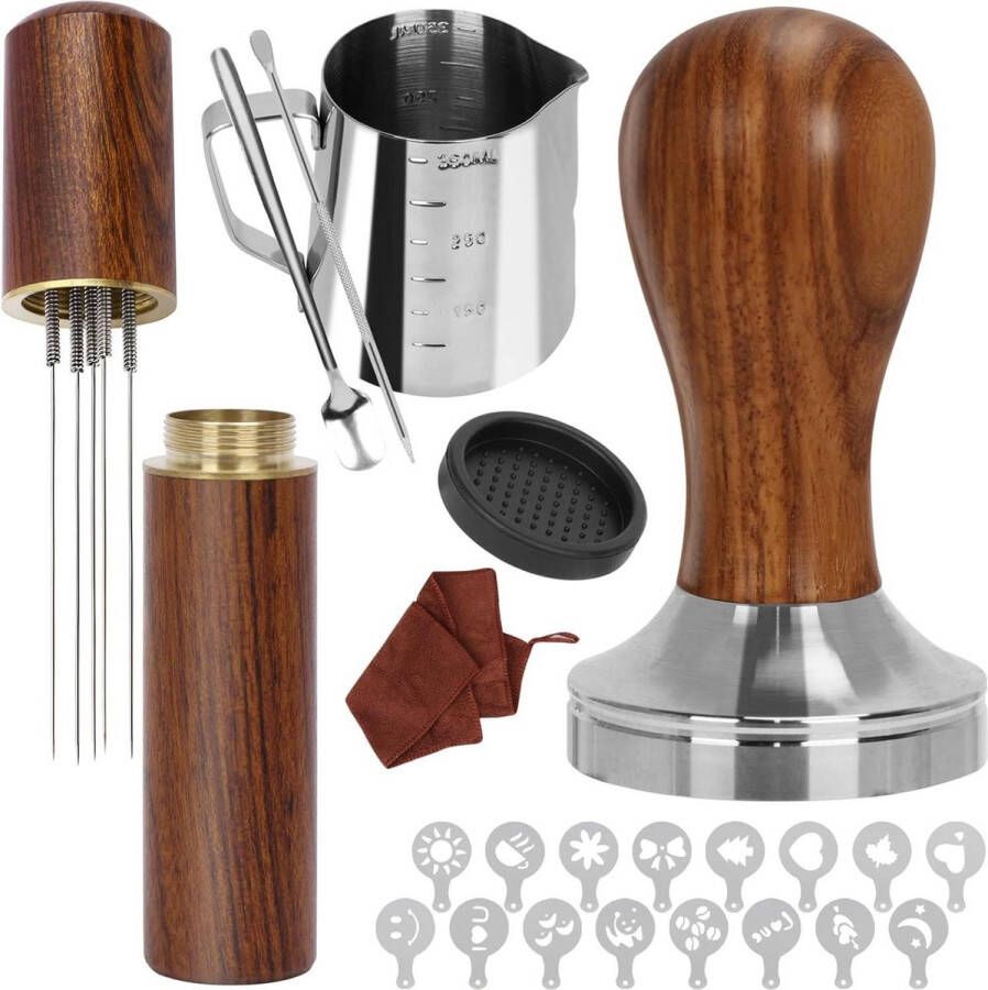 Koffie stamper set 23 stuks koffie accessoires en Barista Set met Espresso Sabotage 51mm Espresso Koffie Roerder Melkkan Sabotage Mat Barista handdoek Latte Art Pen en 16 Decoratieve