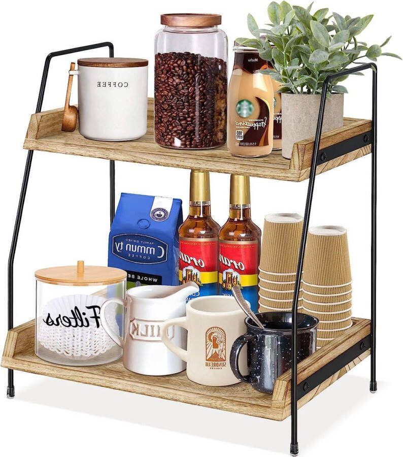 Koffiebar accessoires-organisator aanrecht koffiestation-organizer 2 niveaus keukenaanrecht plank-organizer koffie kruiderij opslag beker deksel houder aanrecht plank voor badkamer keuken metalen