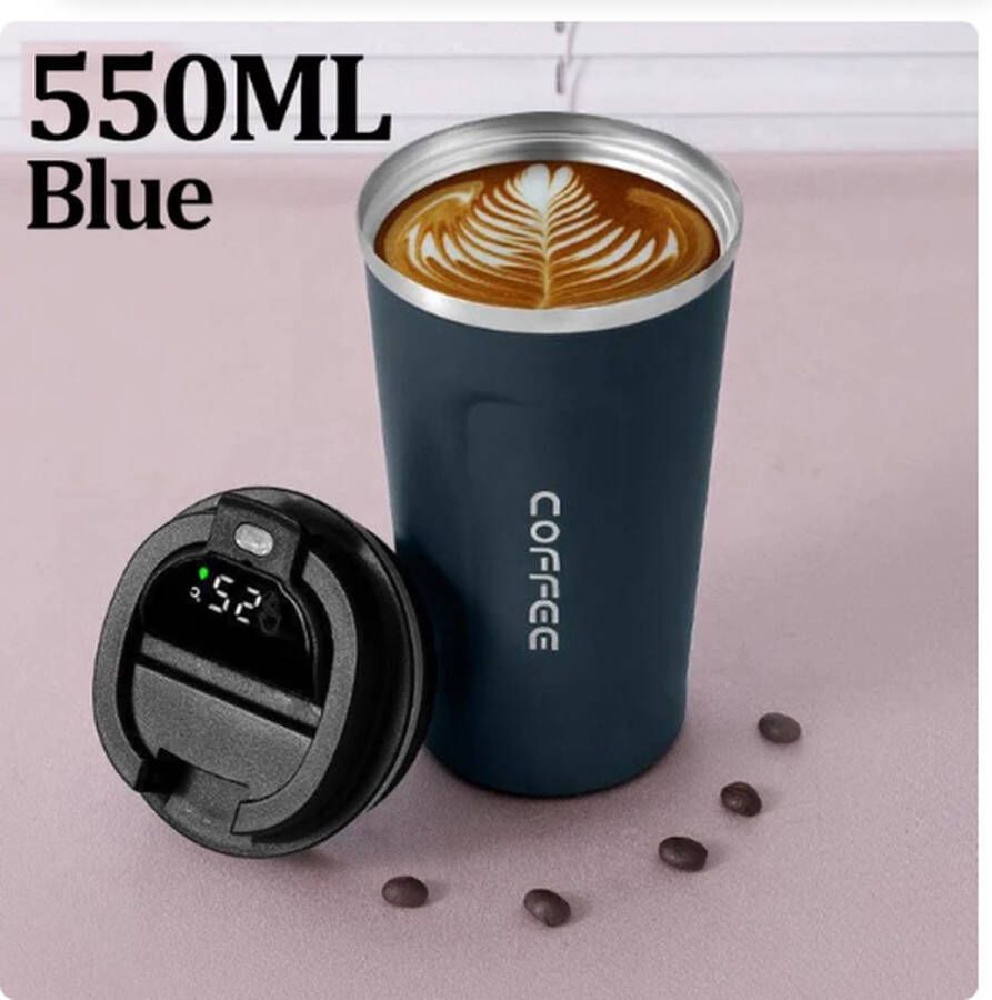 Koffiebeker met temperatuur display Thermosbeker Travel Mug Thermosfles Blauw 550 ML Dubbelwandige Thermosfles Koffiebeker to go -Herbruikbaar rvs koffiebeker to go