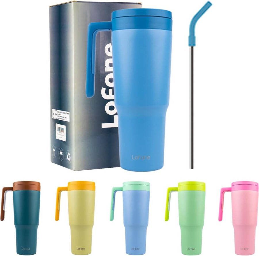 Koffiebeker To Go met Rietje Handvat en Deksel 1180 ml Roestvrij Staal