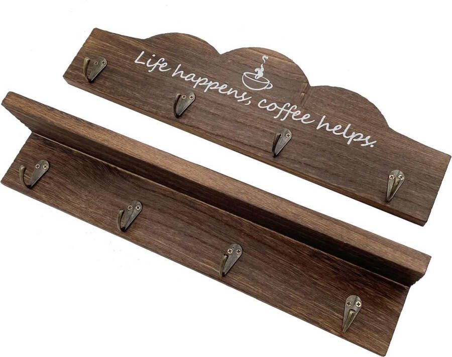Koffiebekerhouder muurbevestiging met 8 haken 2 stuks houten koffiekophouder organizer met koffiebord theekophanger voor bar keuken organizer display (bruin 2 stuks)