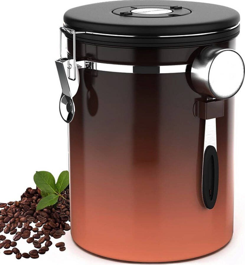 Koffieblik Koffiebus 1.8L Koffieblikbewaarblik Koffie Bewaarbus Luchtdicht Koffieblik met CO2 Uitlaat Houtnerf Voor Koffie Koffiebonen Thee Suiker etc. CO² Ventilatie Bewaarblik RVS