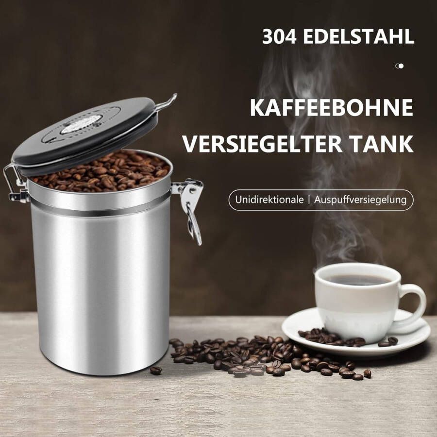 Koffieblik luchtdicht 1 8 l koffiebonenhouder van roestvrij staal vacuüm koffieblikjes met CO2-ventiel en datumweergave in het deksel aromadicht met maatlepel voor koffiebonen poeder thee