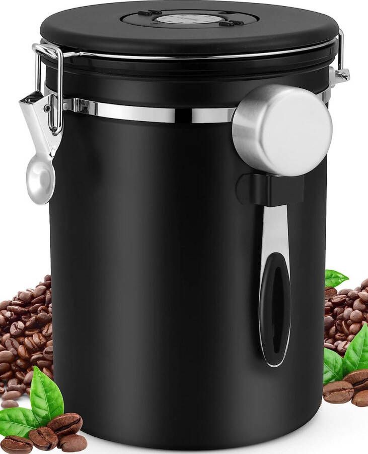 Koffieblik luchtdicht 1 kg koffiebonenhouder van roestvrij staal met CO2-ventiel met maatlepel (2 8 l zwart)