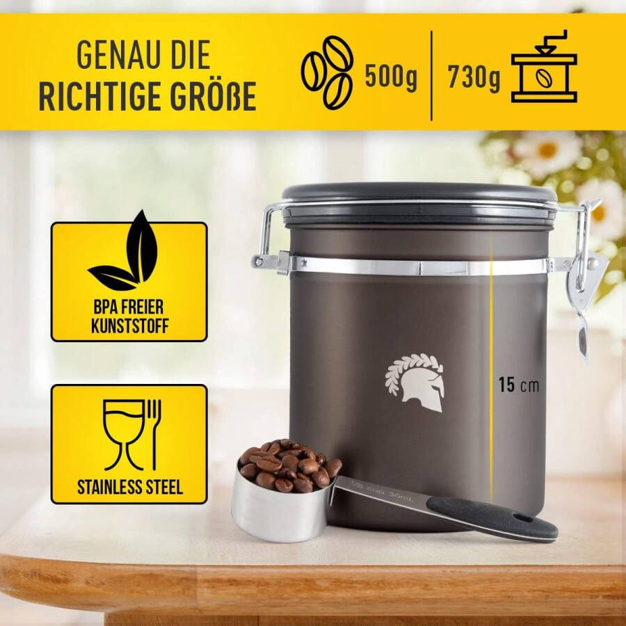 Koffieblik luchtdicht 500 g koffiebonen houder voor de bescherming van het aroma van uw koffie voorraaddoos van roestvrij staal met eeuwige kalender. (Gunmetal)